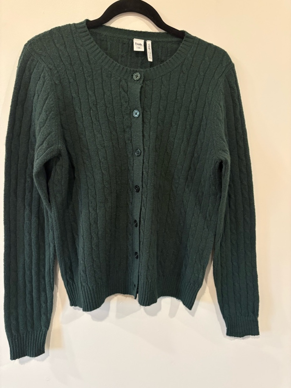 twik Dark Green Cable-Knit Button Cardigan